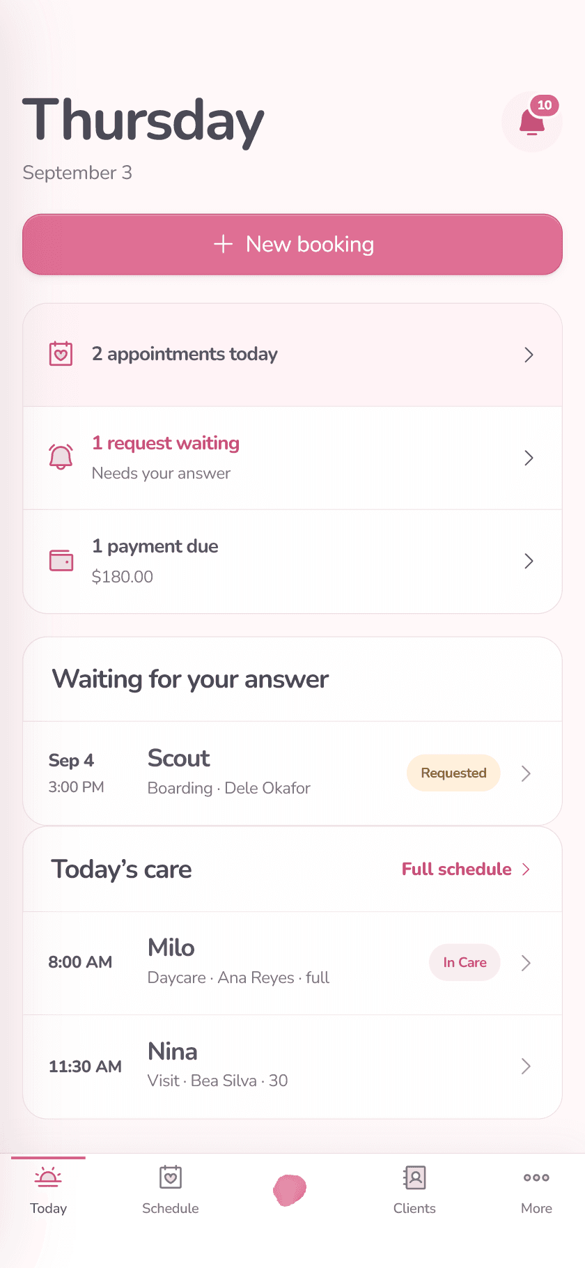 Happy Paws team workspace on a phone: the day’s appointments, a booking request waiting for an answer, an outstanding payment, and today’s care list